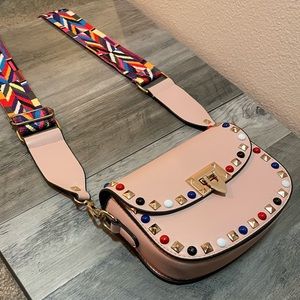 Unique Pink Purse with Gold & Multi-Colored Studs and Detachable Strap